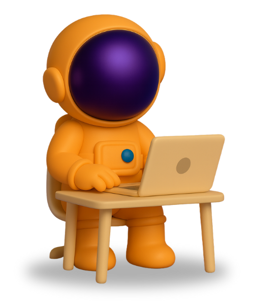 3D spaceman mascot working at a desk symbolising streamlined operations for home care agencies with Pluto Homecare