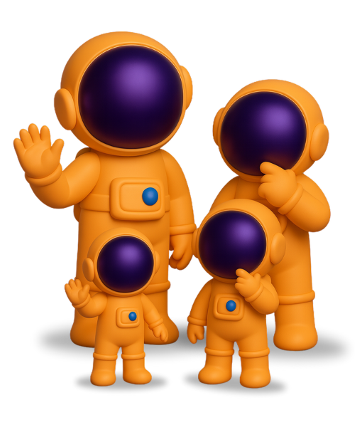 3D spaceman family symbolising connection, transparency, and peace of mind for families using Pluto Homecare