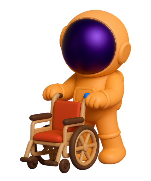 3D spaceman mascot pushing a wheelchair symbolising dedicated carers supported by Pluto Homecare technology